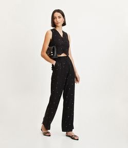 Calça Reta em Crepe com Brilho de Strass