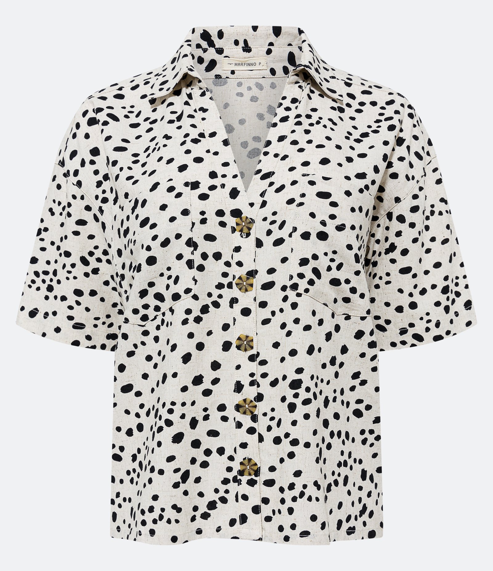 Camisa Manga Curta em Viscolinho com Poás Estampados Bege 6