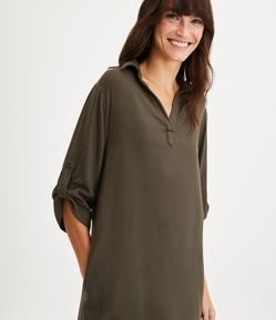 Vestido Curto em Sarja com Gola Lapela e Detalhe Lateral na Manga