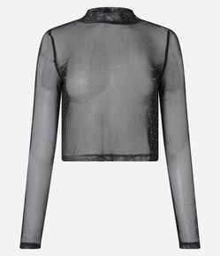 Blusa Cropped em Tule Gola Alta com Brilhos Aplicados