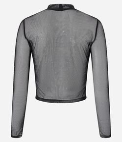 Blusa Cropped em Tule Gola Alta com Brilhos Aplicados