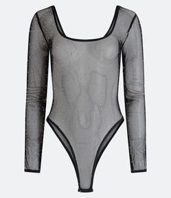 Body em Tule com Brilhos Aplicados e Manga Longa