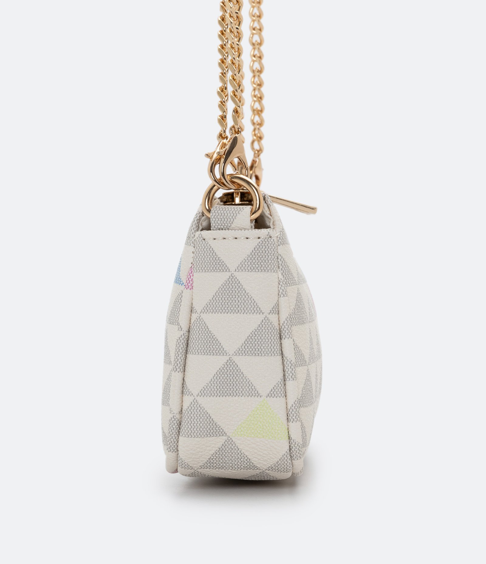 Bolsa Pequena Transversal com Estampa de Triângulos Bege 6
