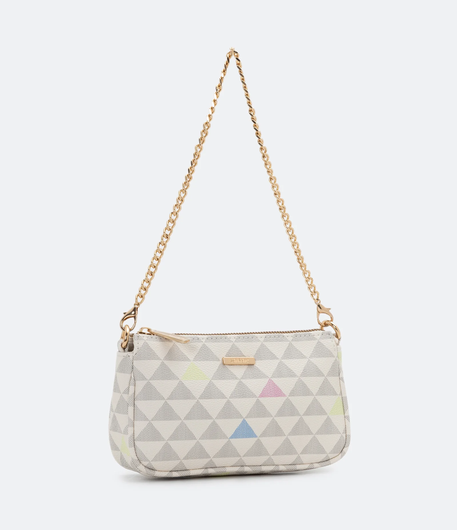 Bolsa Pequena Transversal com Estampa de Triângulos Bege 1