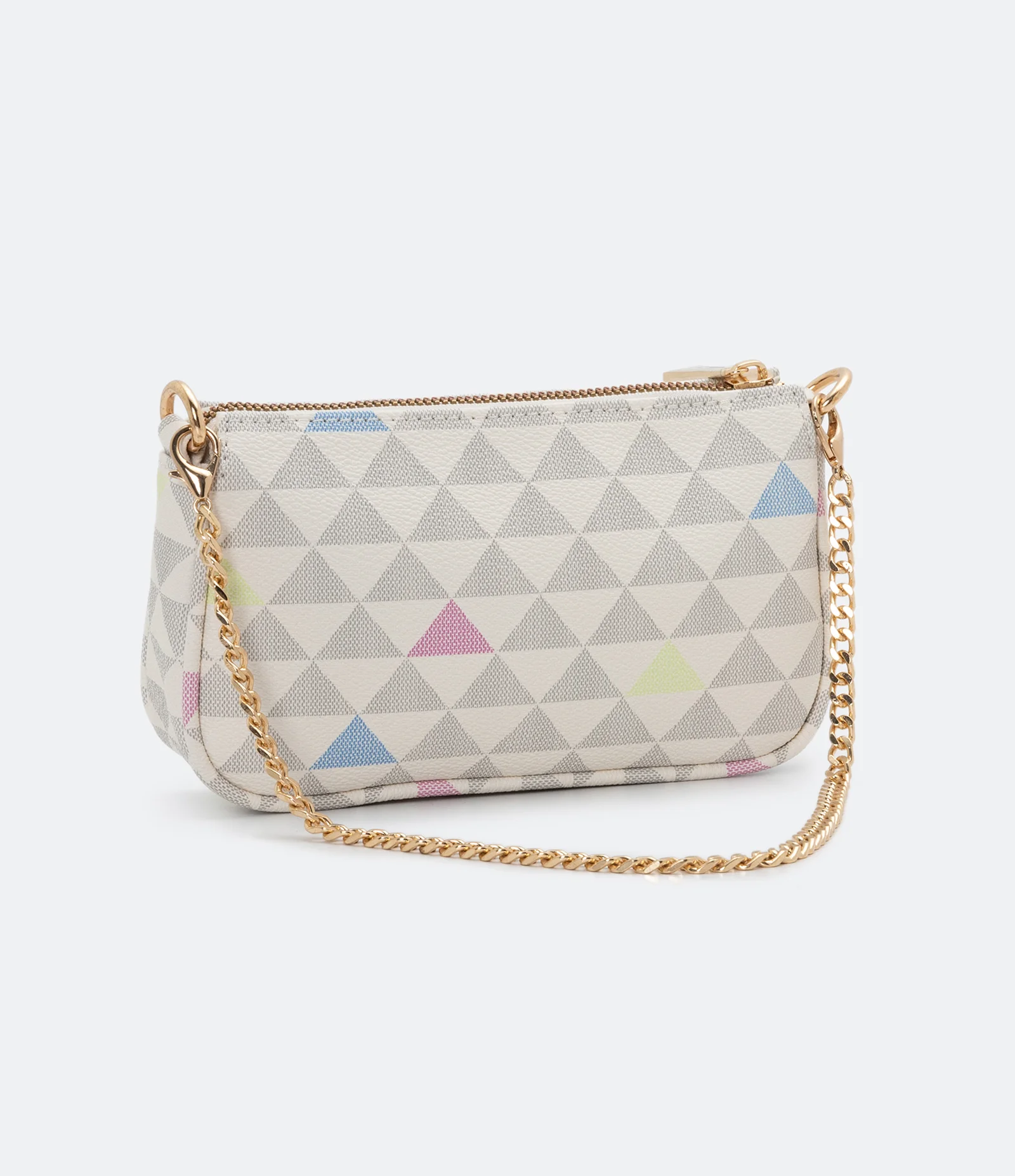 Bolsa Pequena Transversal com Estampa de Triângulos Bege 2