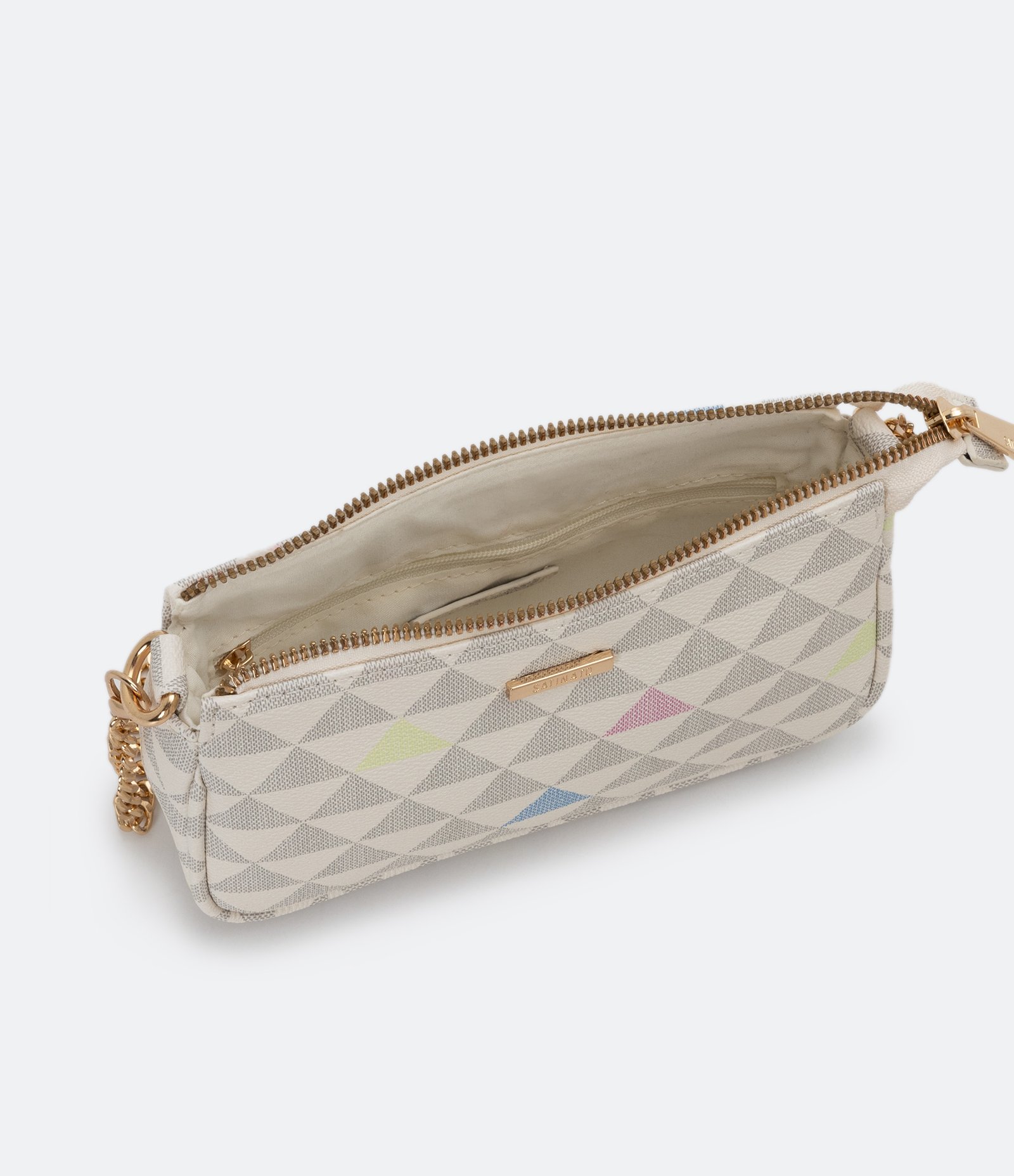 Bolsa Pequena Transversal com Estampa de Triângulos Bege 3