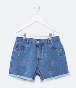 Short Clochard em Jeans com Bordado de Florzinhas e Barra Dobrada - Tam 5 a 14 Anos