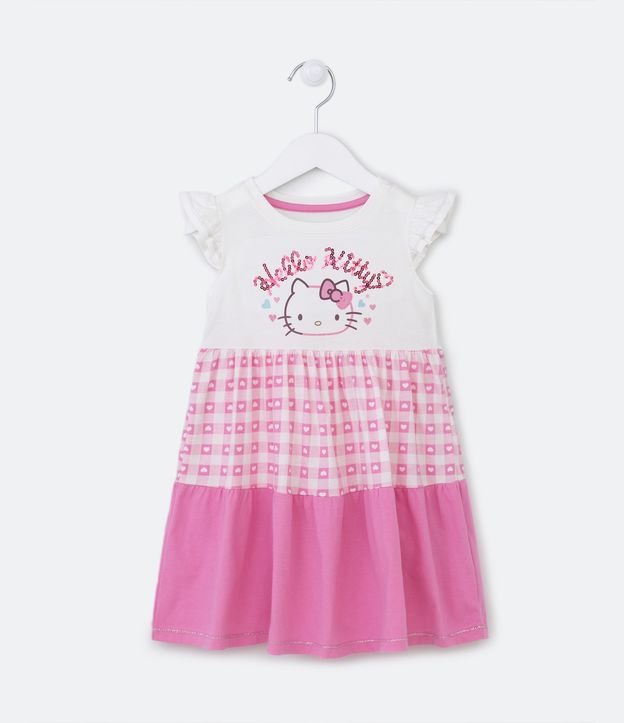 Vestido Marias Infantil con Volado y Estampado en Lentejuela Hello Kitty - Talle 1 a 6 años Blanco 1