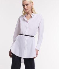 Vestido Chemise Curto Manga Longa em Tricoline com Cinto Afivelado