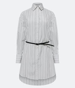 Vestido Chemise em Tricoline Listrado em Fio Tinto e com Cinto