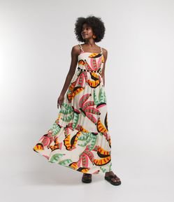 Vestido Longo em Linho com Bolinhas no Recorte e Estampa Tropical