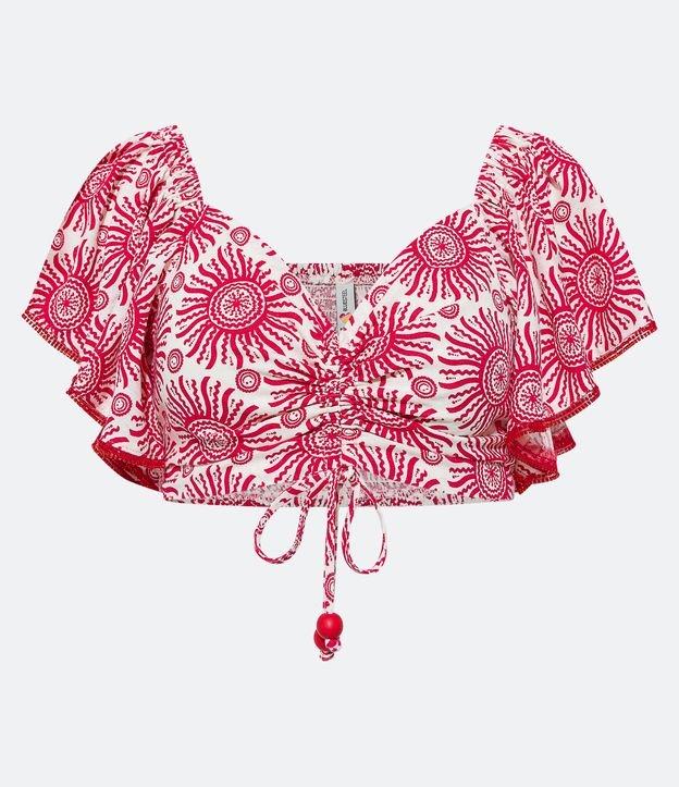 Blusa Cropped em Linho com Babado Estampa de Sol e Detalhes em Miçangas Vermelho 5