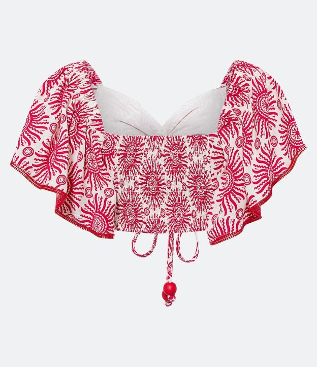 Blusa Cropped em Linho com Babado Estampa de Sol e Detalhes em Miçangas Vermelho 7