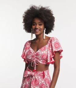 Blusa Cropped em Linho com Babado Estampa de Sol e Detalhes em Miçangas