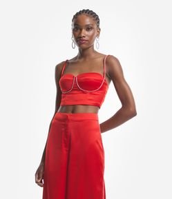 Blusa Cropped de Alça Acetinada com Strass e Lastex nas Costas