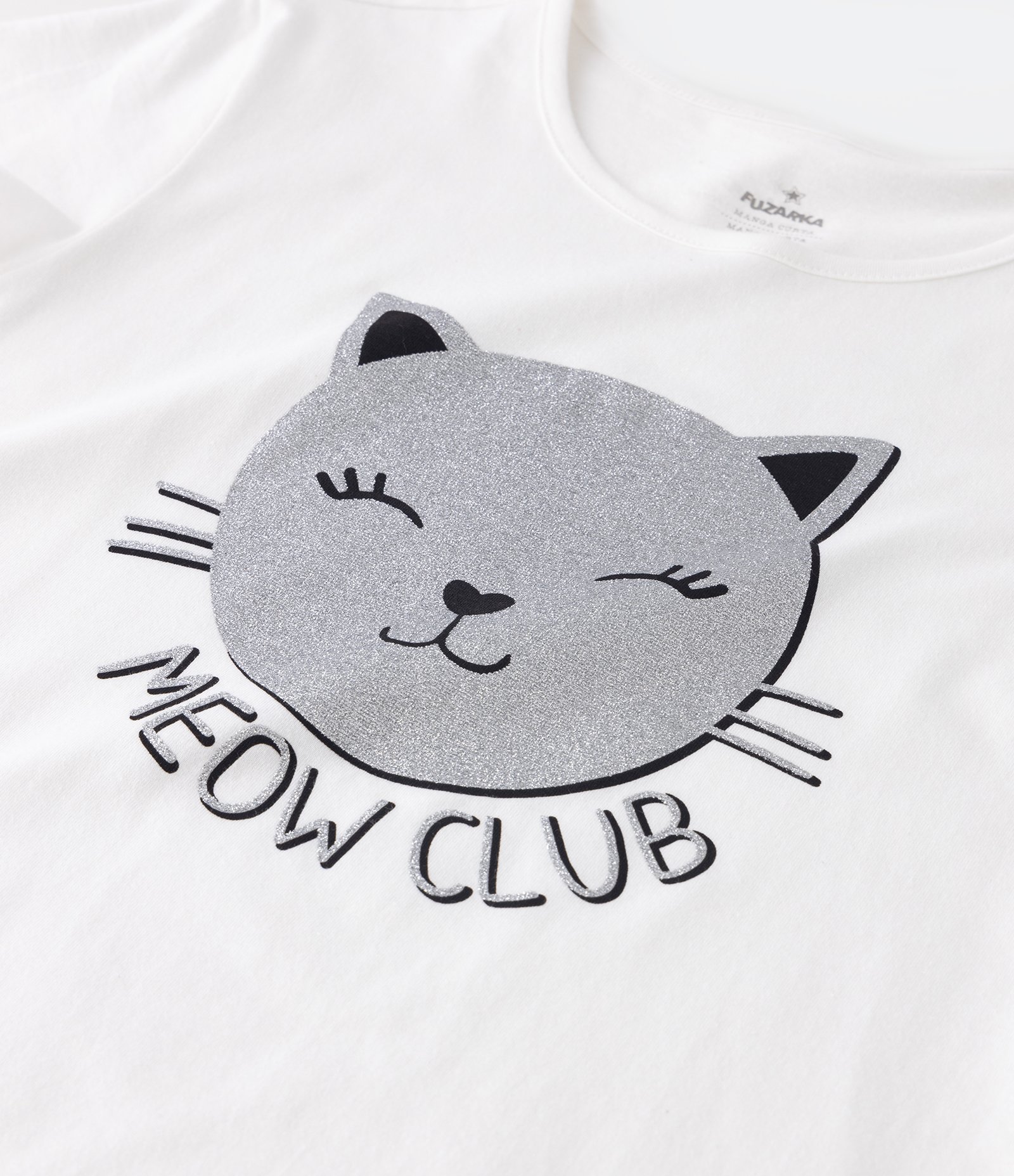 Blusa Infantil Estampa de Gatinha com Glitter - Tam 5 a 14 Anos Branco 3