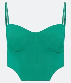 Blusa de Alça Cropped em Bengaline com Detalhe em Strass e Barbatanas