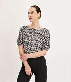 Blusa em Viscose com Manga Bufante e Estampa Pied de Poule