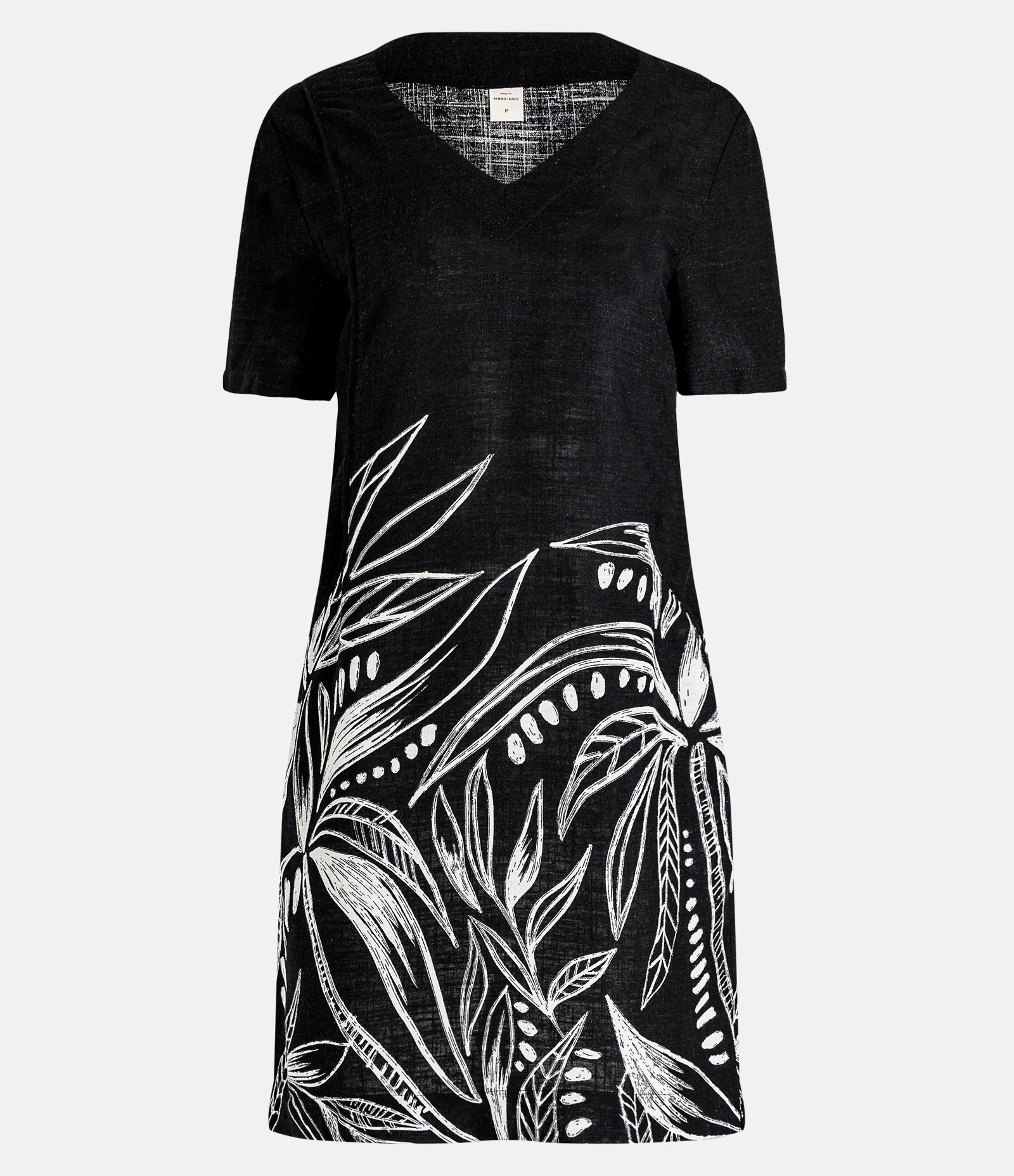 Vestido T-Shirt em Viscolinho com Folhagens Estampadas Preto 1