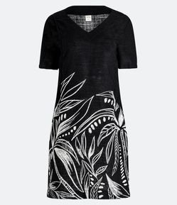 Vestido T-Shirt em Viscolinho com Folhagens Estampadas