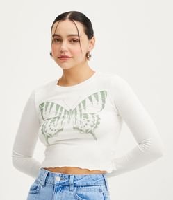 Blusa Cropped em Suedine com Manga Longa e Estampa Borboleta