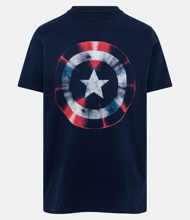 Camiseta Regular em Meia Malha com Estampa Escudo do Capitão América Azul Escuro 5