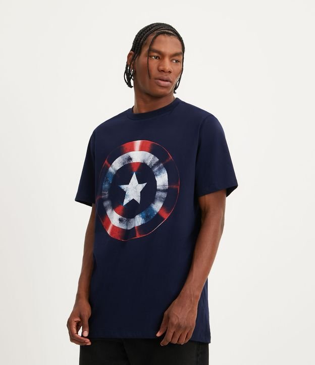 Camiseta Regular em Meia Malha com Estampa Escudo do Capitão América Azul Escuro 1