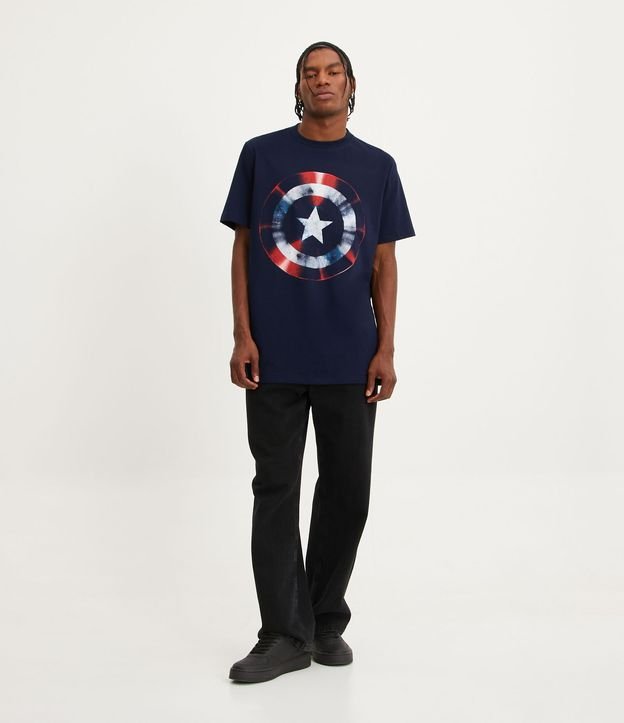 Camiseta Regular em Meia Malha com Estampa Escudo do Capitão América Azul Escuro 2