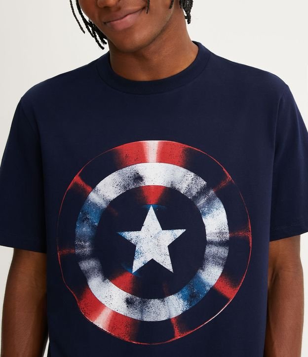 Camiseta Regular em Meia Malha com Estampa Escudo do Capitão América Azul Escuro 4