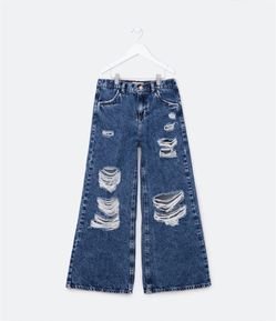 Calça Wide Leg Infantil em Jeans com Rasgos Frontais e Bolsos - Tam 5 a 14 Anos