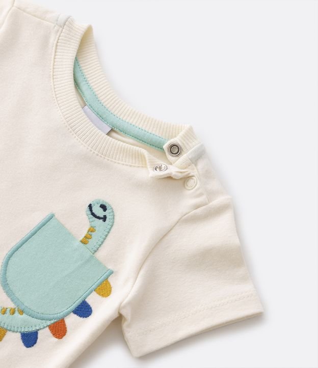Body Infantil com Bordado de Dino no Bolsinho - Tam 0 a 18 meses Bege 3
