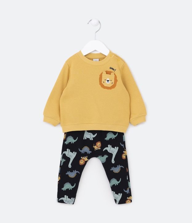 Conjunto Infantil em Moletom com Estampa de Leãozinho no Bolso - Tam 0 a 18 meses
