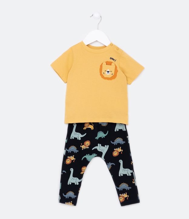 Conjunto Infantil com Estampa de Leãozinho no Bolso e Botões no Ombro - Tam 0 a 18 meses