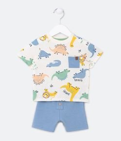 Conjunto Infantil com Bolsinho e Estampa Dinos - Tam 0 a 18 meses