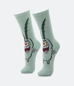 Meia Cano Alto em Algodão com Estampa do Plankton