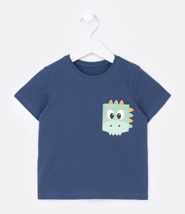 Camiseta Infantil com Estampa e Bolsinho Interativo Cara de Dino - Tam 1 a 5 Anos Azul Escuro 1