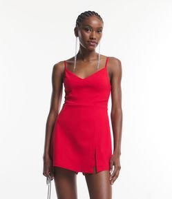 Macaquinho Alfaiataria em Bengaline com Short Saia Transpassado e Fendinha