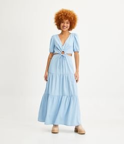 Vestido Longo em Jeans com Manga Bufante e Abertura Frontal