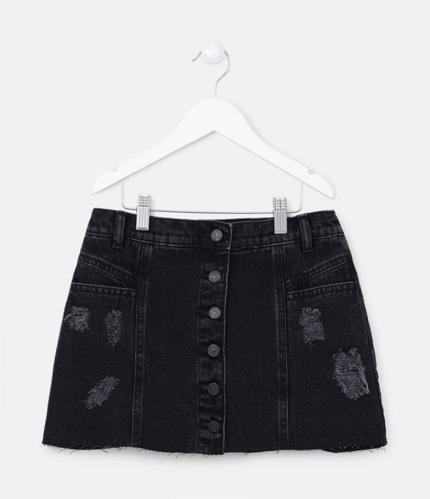 Short Saia Infantil em Jeans com Puídos e Botões Frontais - Tam 5 a 14 Anos - Cor: Preto - Tamanho: 9-10
