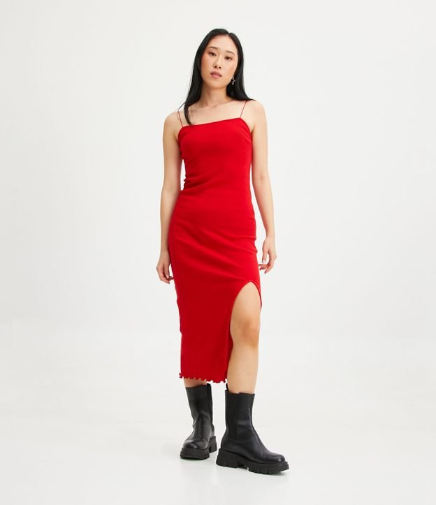 VESTIDO MIDI ALCINHA CANELADO - VERMELHO - Nur Autoral