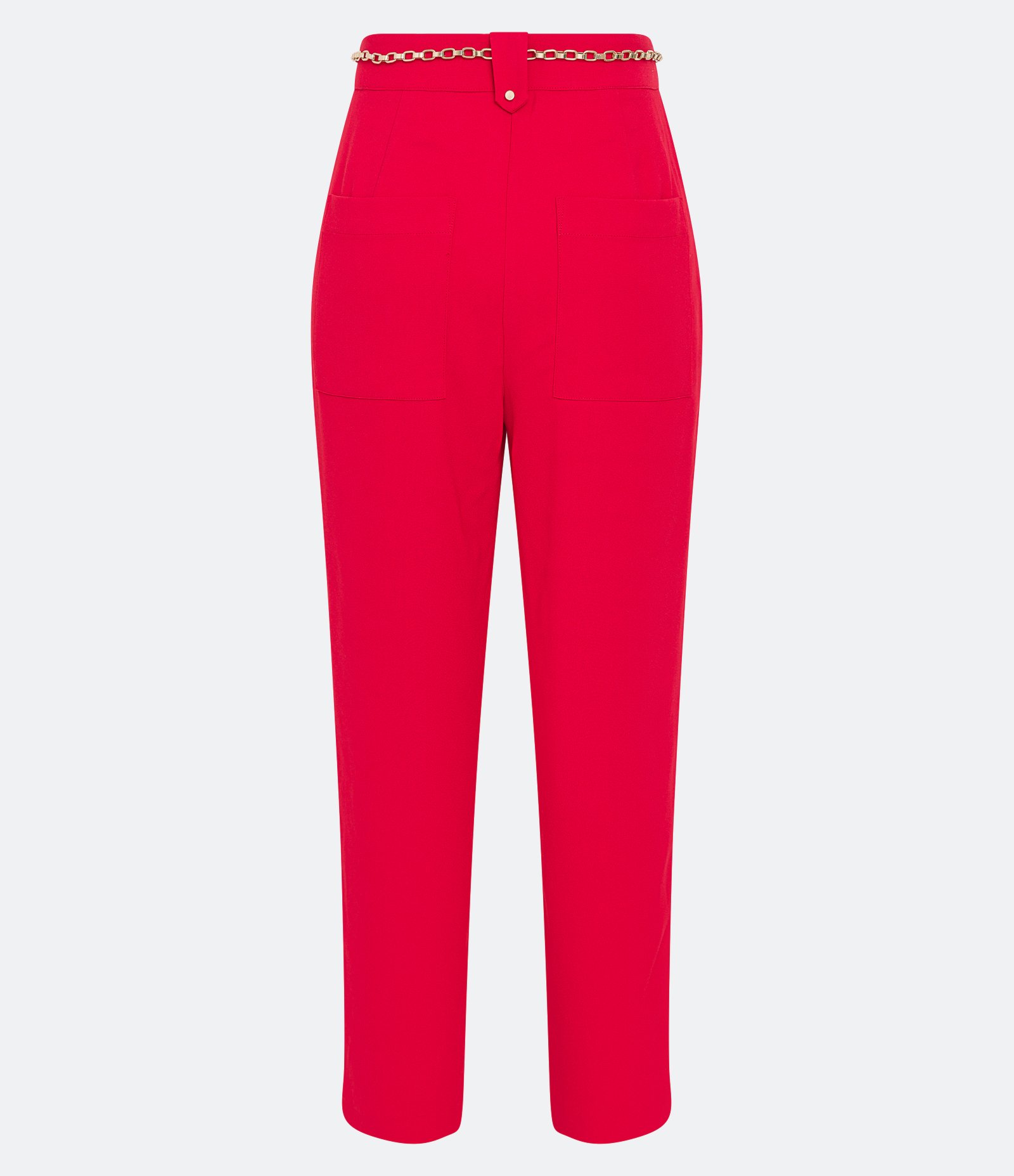 Calça Cenoura Cintura Alta em Crepe com Pregas e Corrente no Cós Vermelho 6