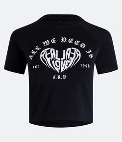 Blusa em Meia Malha com Manga Curta e Lettering Real Love