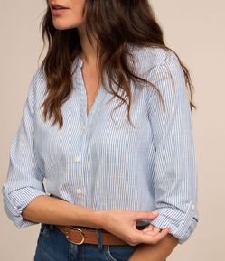 Camisa Manga Longa em Viscolinho Listrado com Fio Tinto
