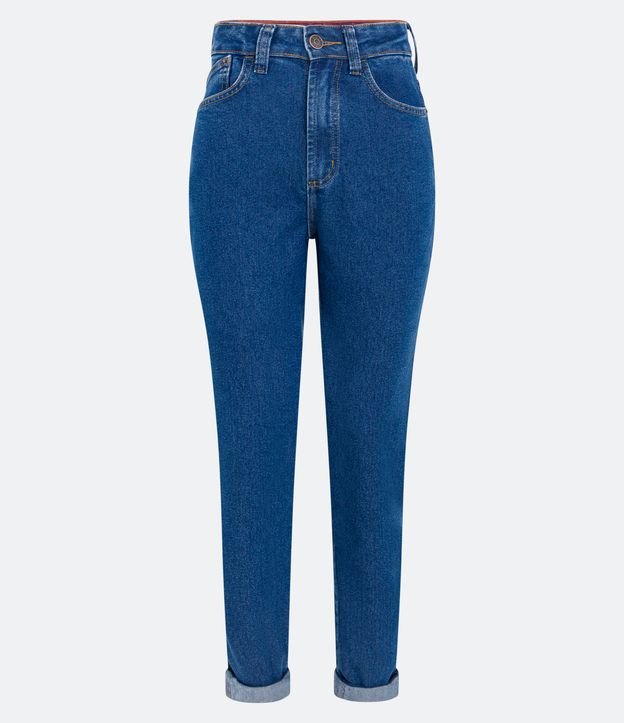Calça Mom Jeans com Bolsos e Barra Dobrada Azul 5