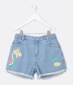 Short Cintura Alta Infantil em Jeans com Silk Hype e Barra Desfiada - Tam 5 a 14 Anos