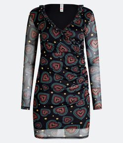 Vestido em Babados no Decote V e Estampa de Corações