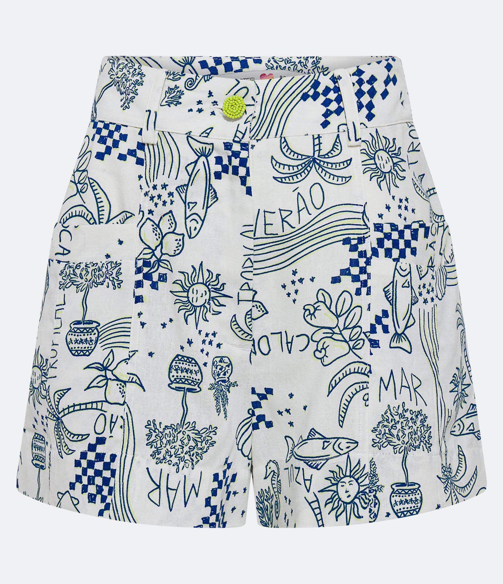 Short Curto em Linho com Botão Bordado e Estampa Verão Branco 5