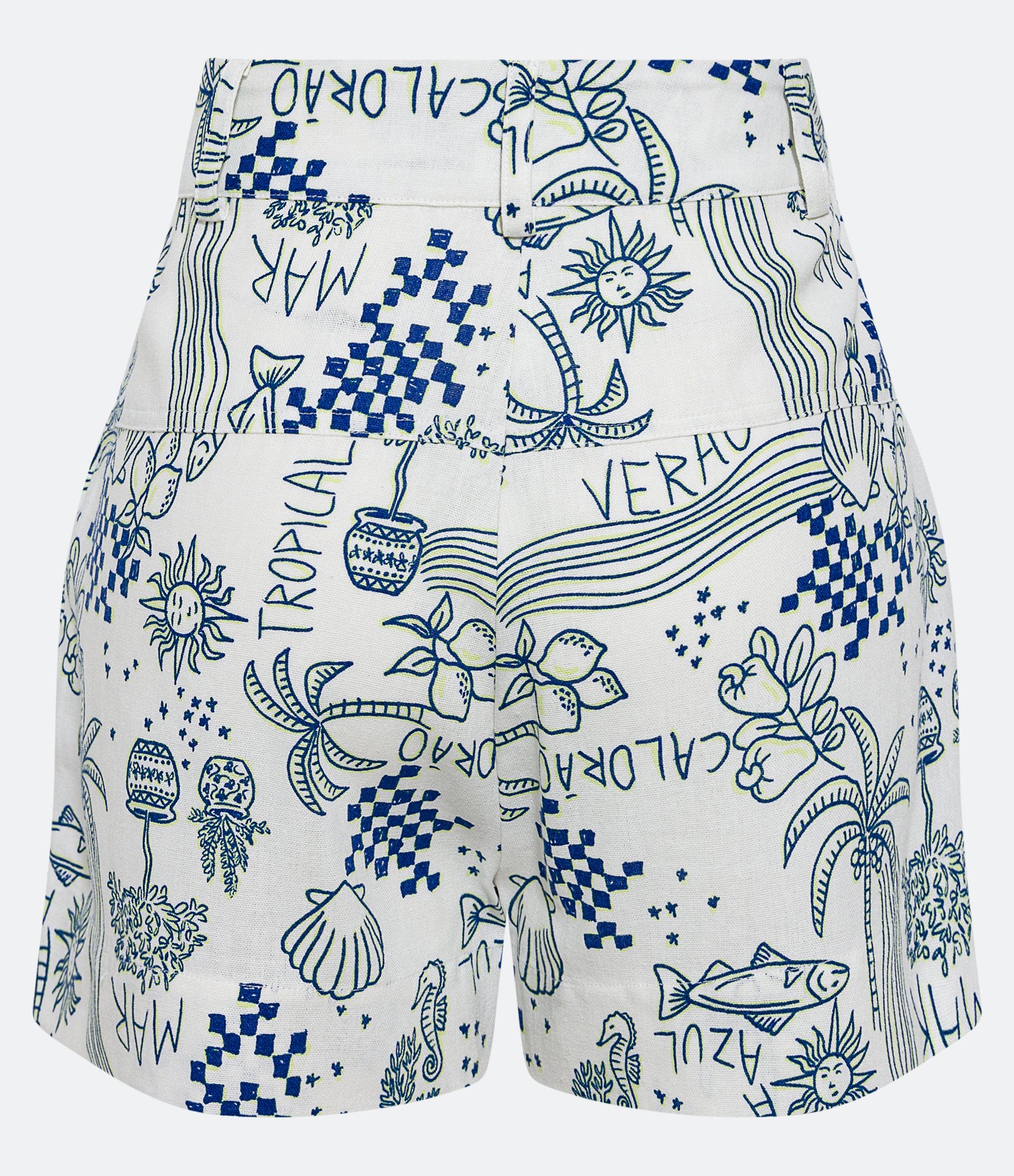 Short Curto em Linho com Botão Bordado e Estampa Verão Branco 7