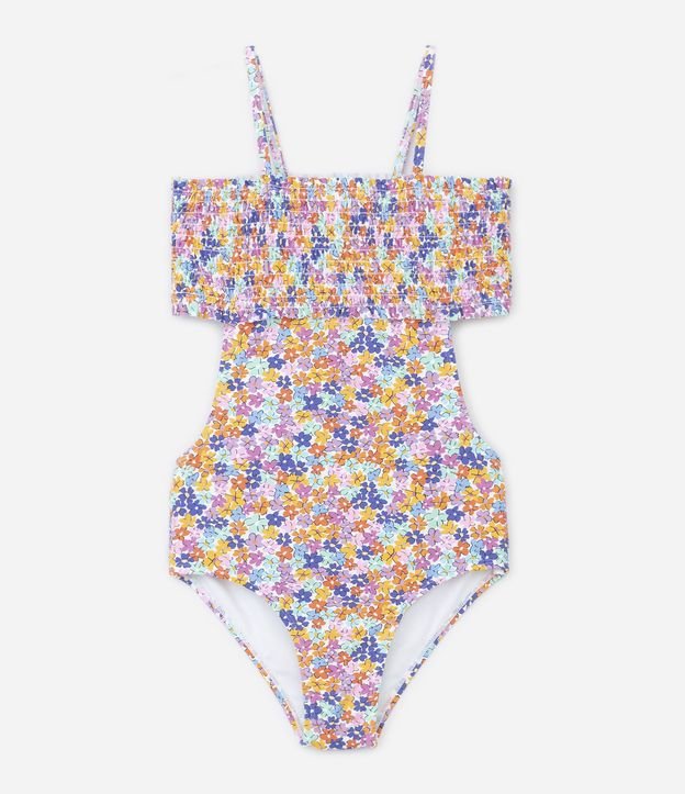 Maiô Infantil Franzido com Costas Abertas e Estampa Floral - Tam 5 a 14 anos