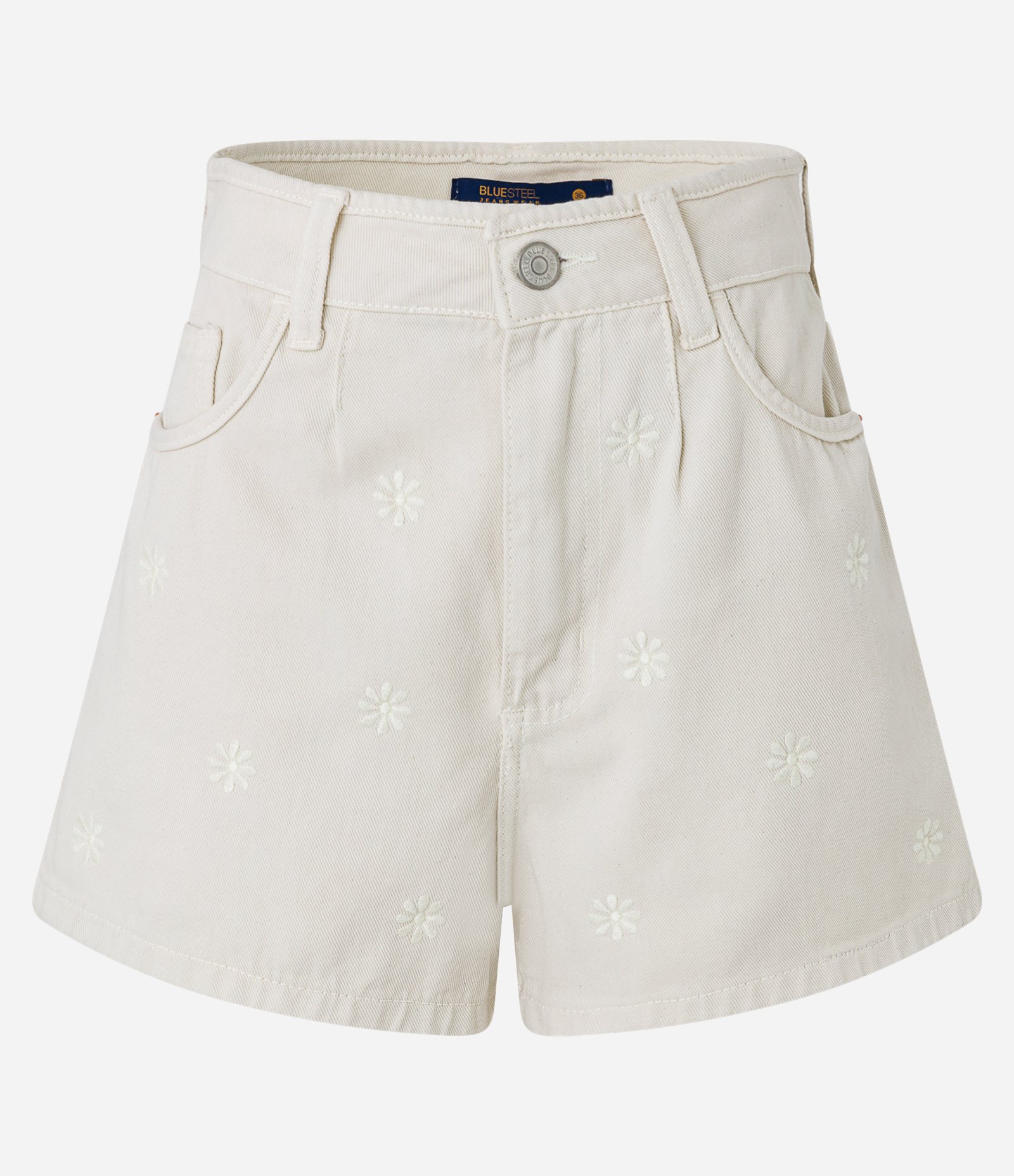 Short Cintura Alta em Sarja com Bordados de Margaridas Off White 5